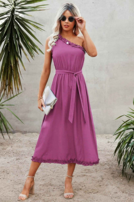 Solid One Shoulder Ruffle Hem Belt A Line Dress