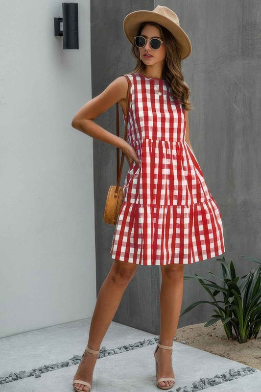 Plaid Sleeveless Robe Vests A Line Dress