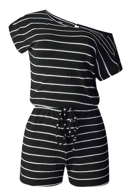 Striped Short Sleeve Drawstring Waist Romper