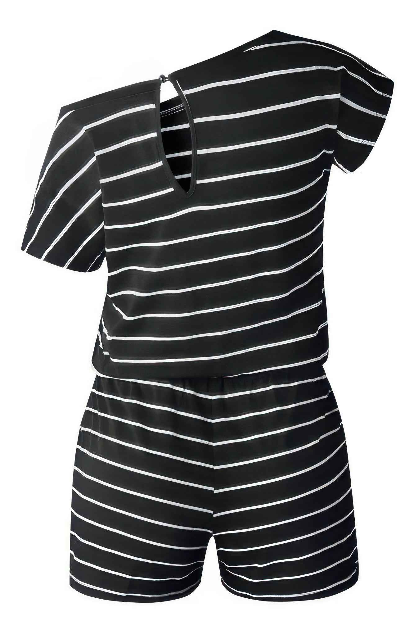 Striped Short Sleeve Drawstring Waist Romper