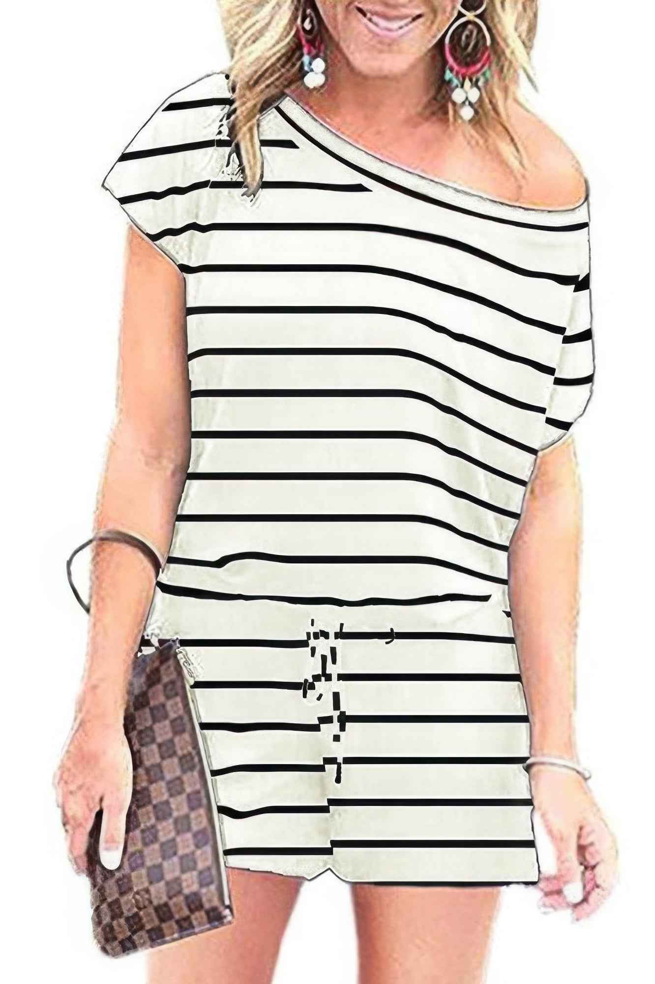 Striped Short Sleeve Drawstring Waist Romper