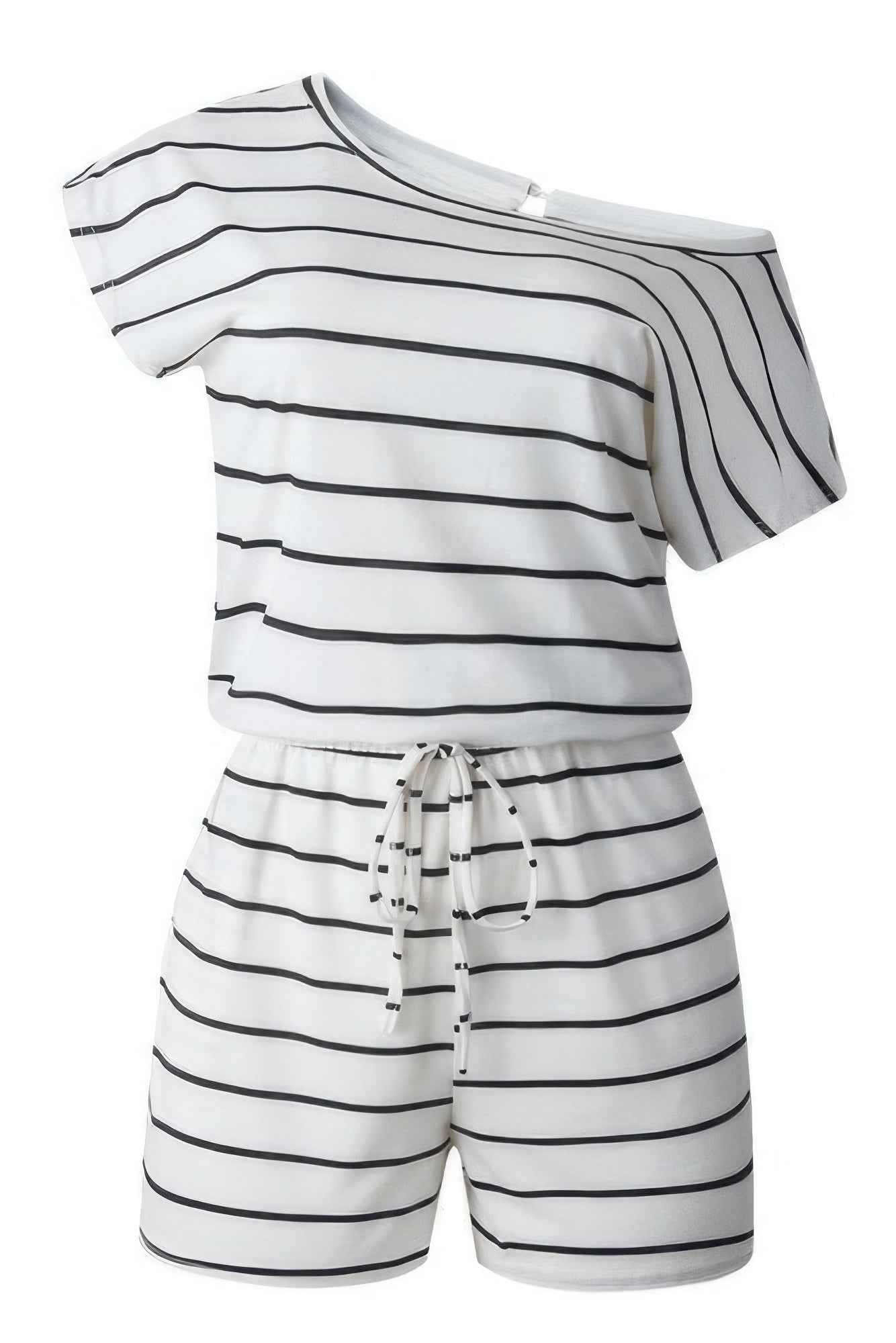 Striped Short Sleeve Drawstring Waist Romper