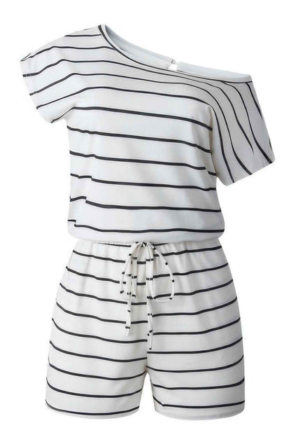 Striped Short Sleeve Drawstring Waist Romper