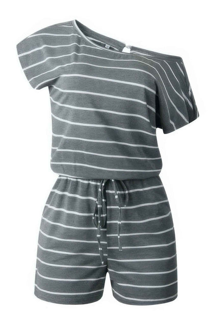 Striped Short Sleeve Drawstring Waist Romper