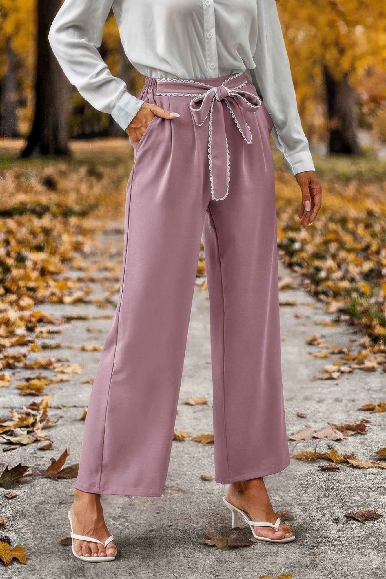 Straight Leg Elastic High Waist Lace Tie Trim Pant