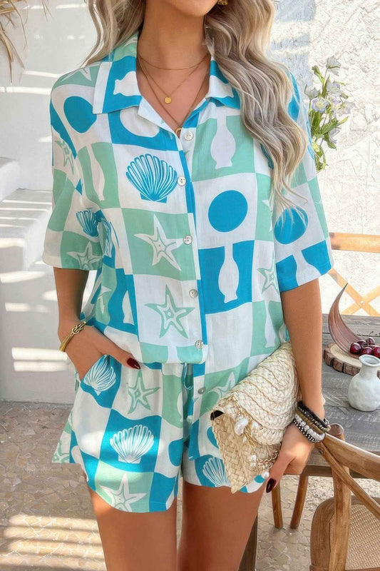 Two Pieces All Over Print Button Down Short Sets