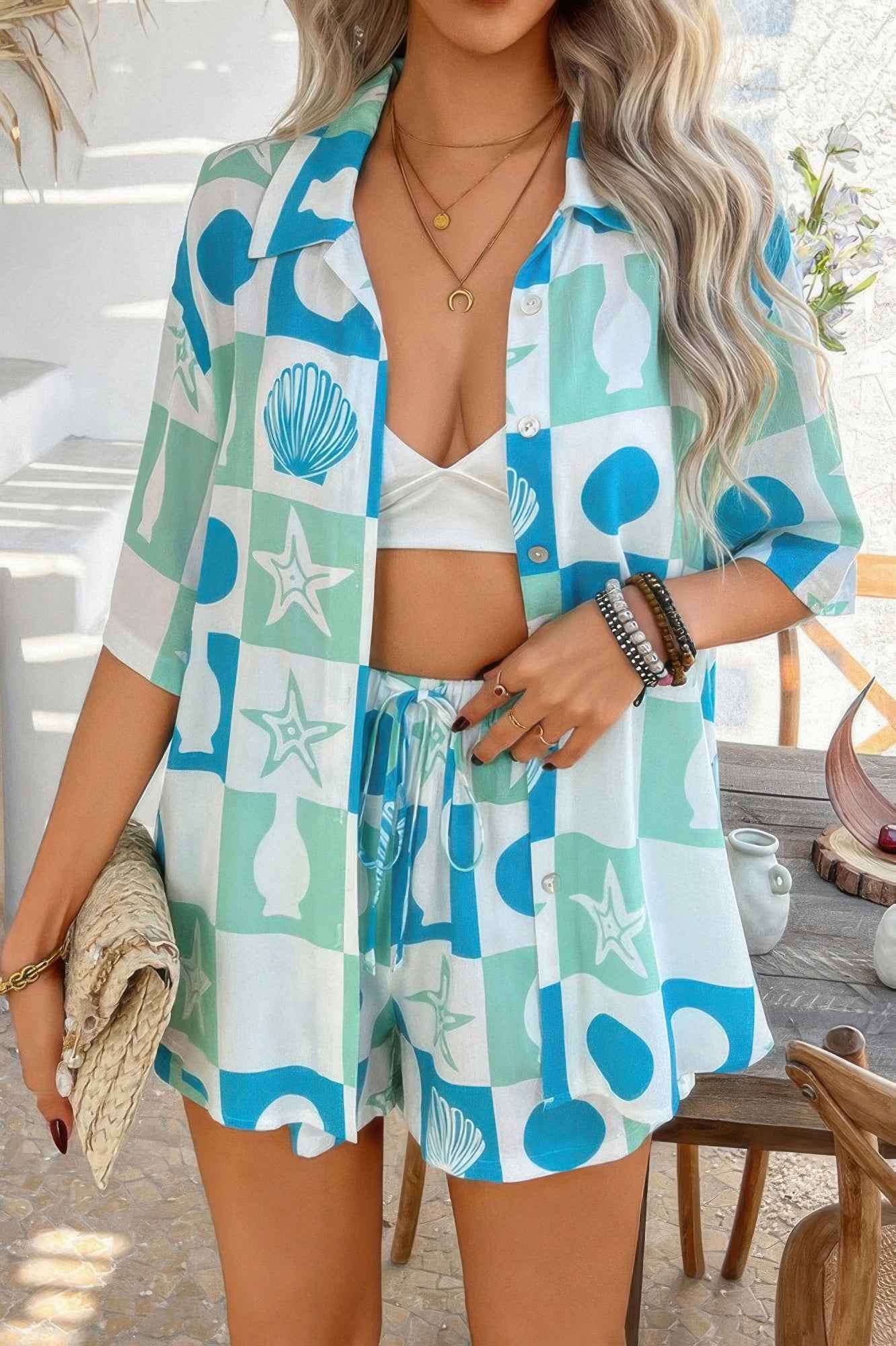 Two Pieces All Over Print Button Down Short Sets