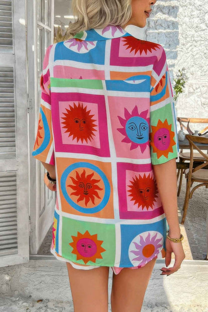 Two Pieces All Over Print Button Down Short Sets