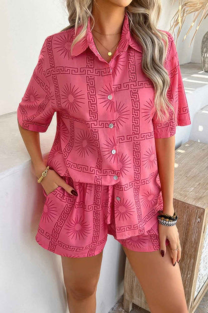Two Pieces All Over Print Button Down Short Sets