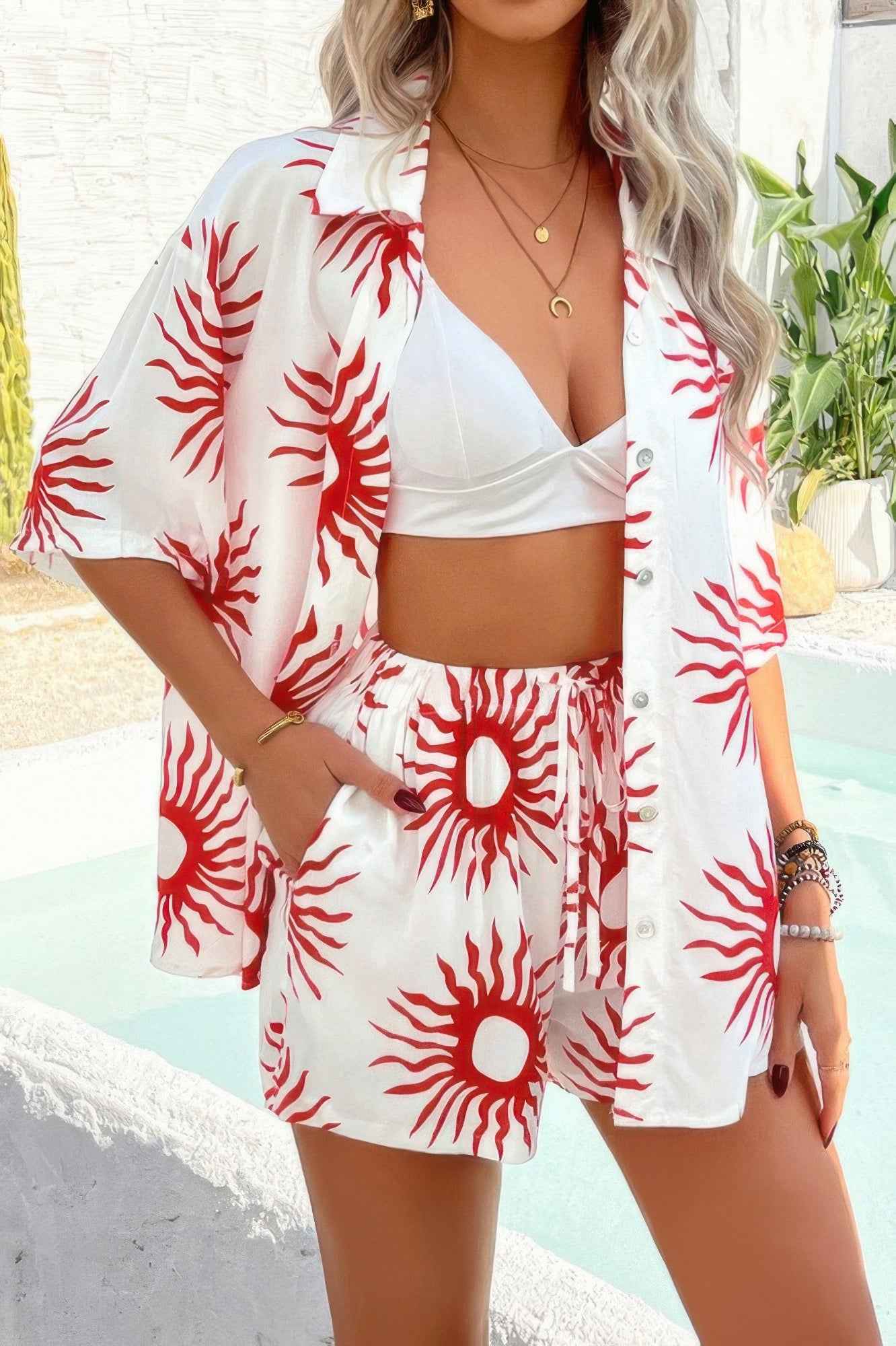 Two Pieces All Over Print Button Down Short Sets