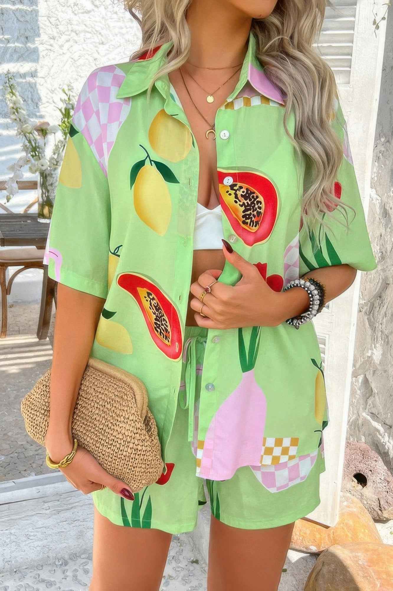 Two Pieces All Over Print Button Down Short Sets