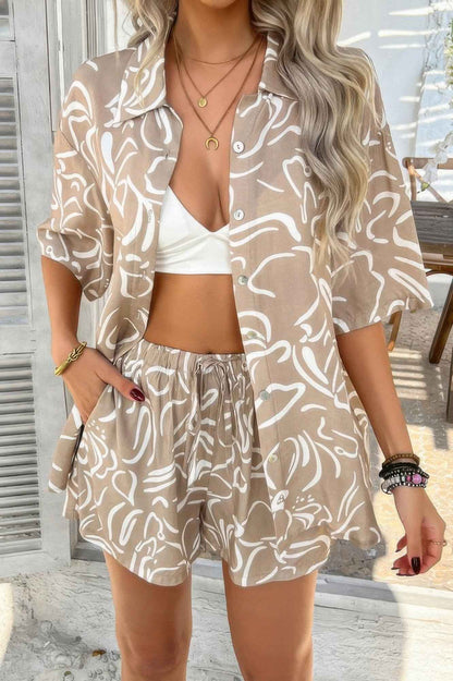 Two Pieces All Over Print Button Down Short Sets
