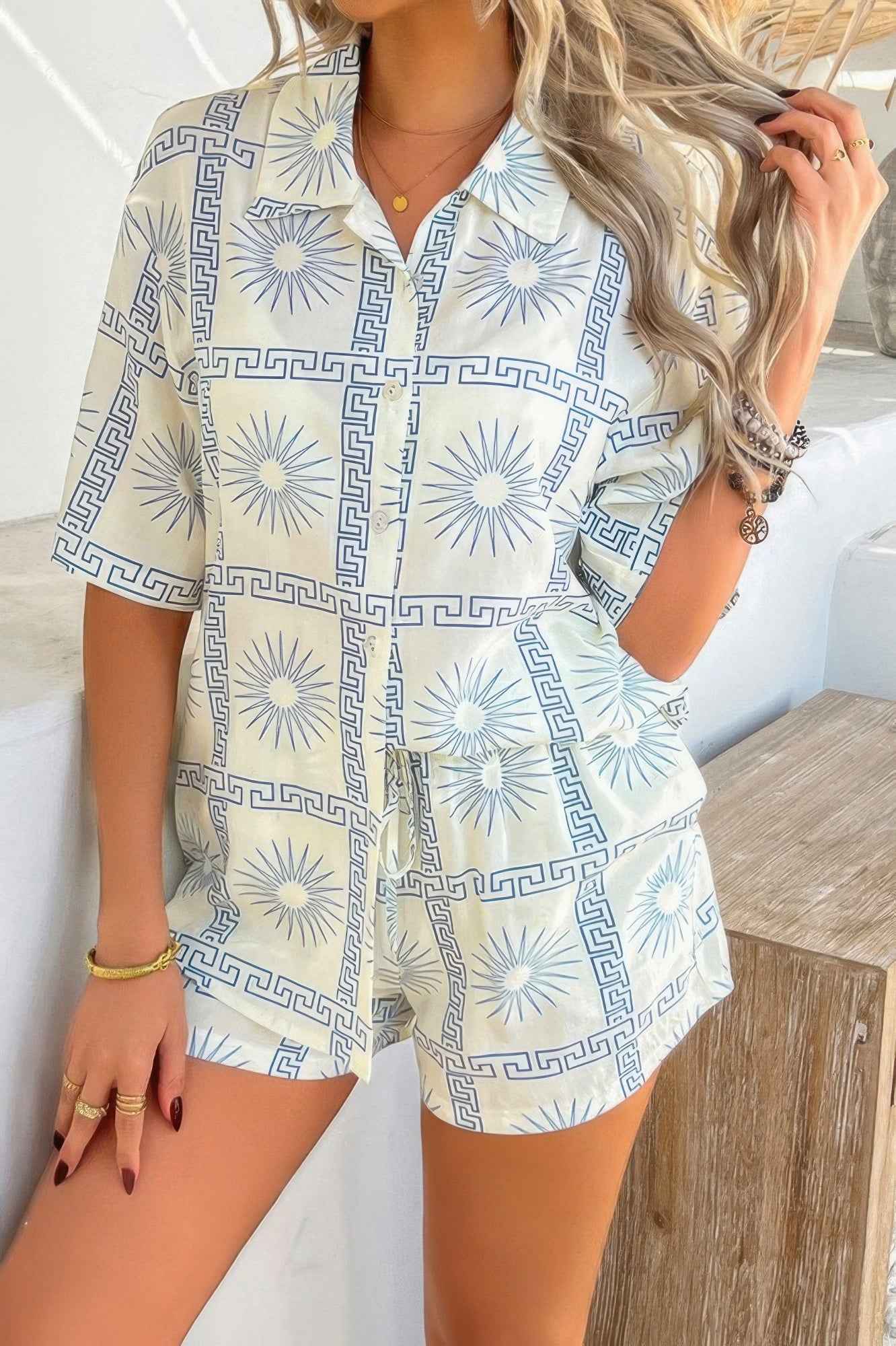 Two Pieces All Over Print Button Down Short Sets