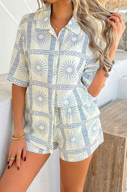 Two Pieces All Over Print Button Down Short Sets