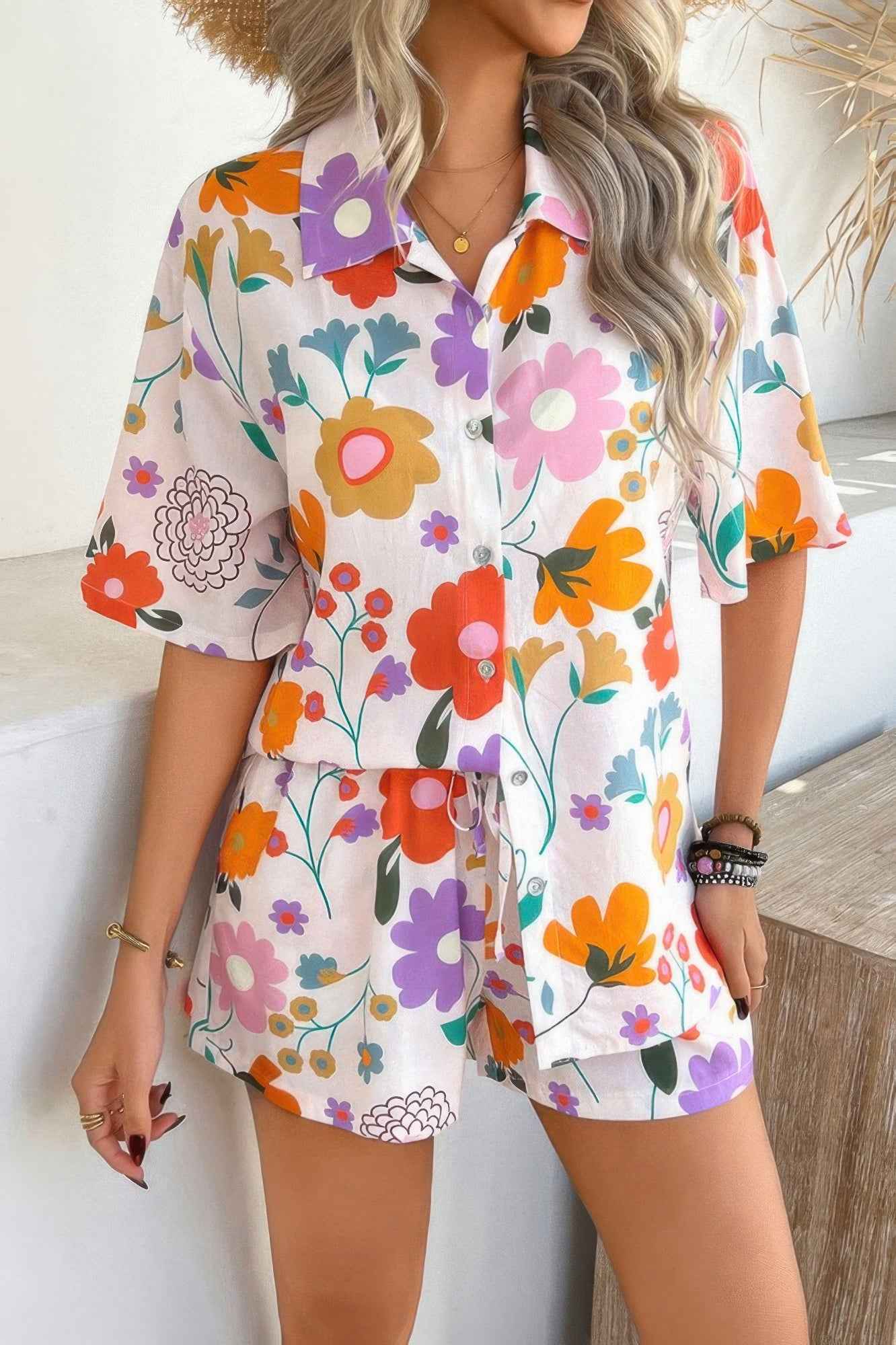 Two Pieces All Over Print Button Down Short Sets