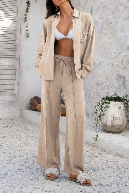 Two Pieces Solid Button Down Blouse Pant Sets