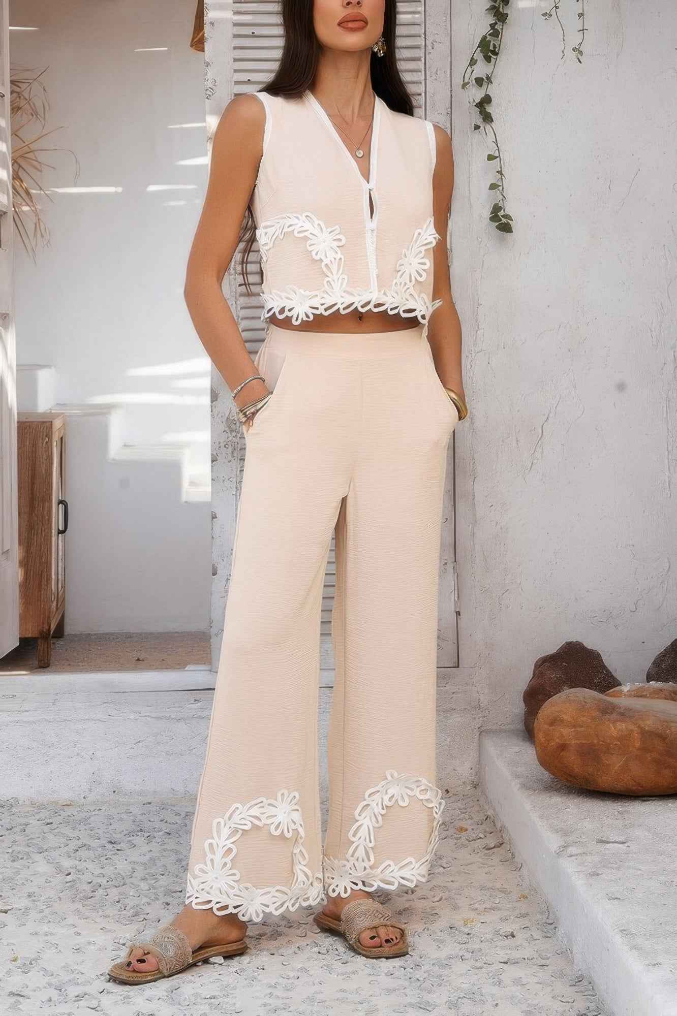 Two Pieces V Neck Button Lace Decorate Long Pants