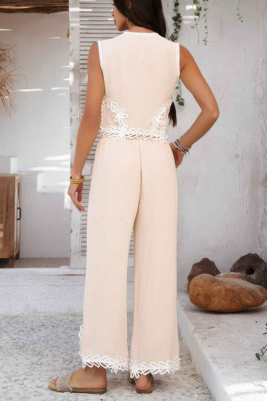 Two Pieces V Neck Button Lace Decorate Long Pants