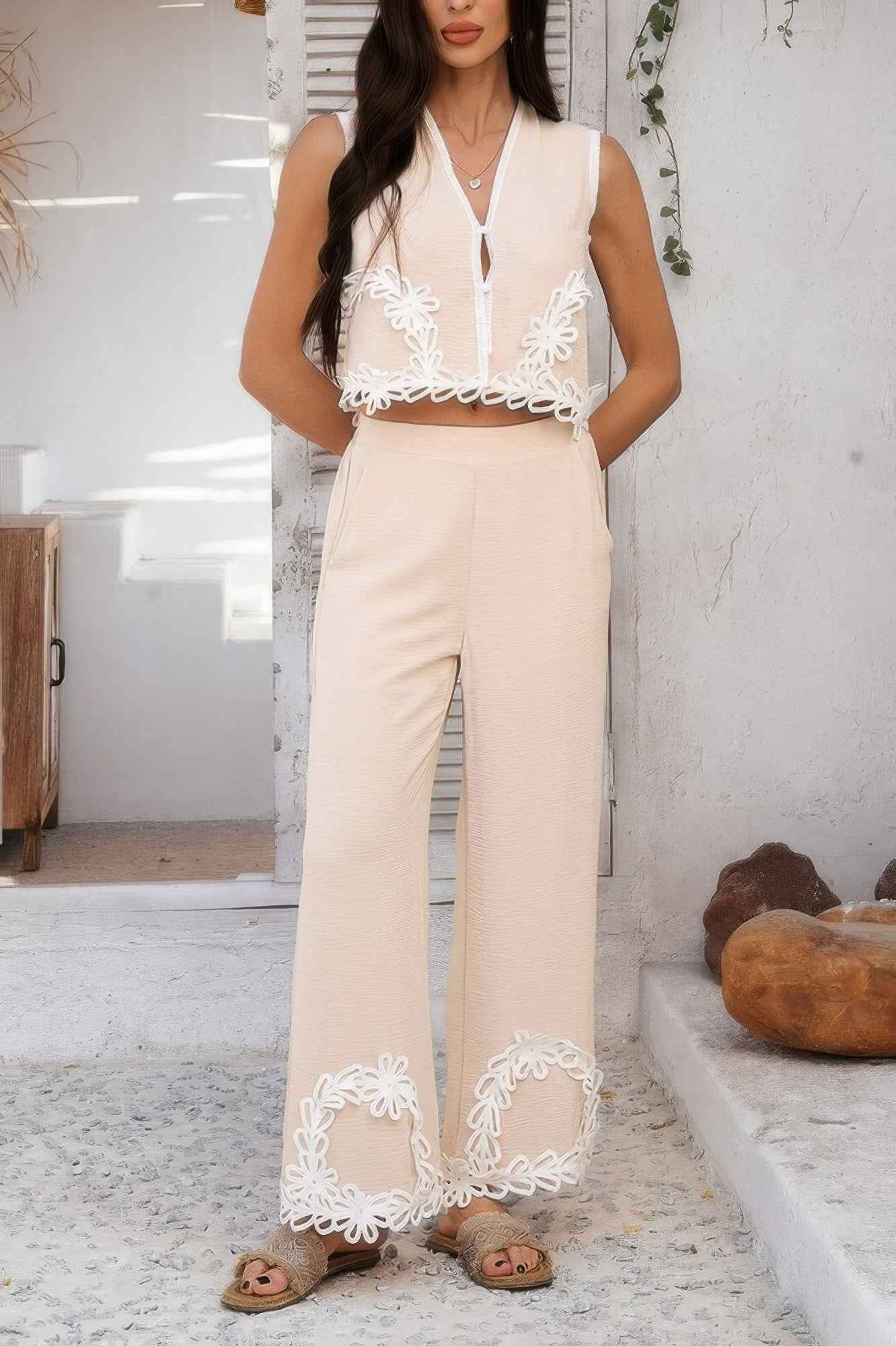 Two Pieces V Neck Button Lace Decorate Long Pants