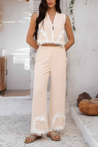 Two Pieces V Neck Button Lace Decorate Long Pants