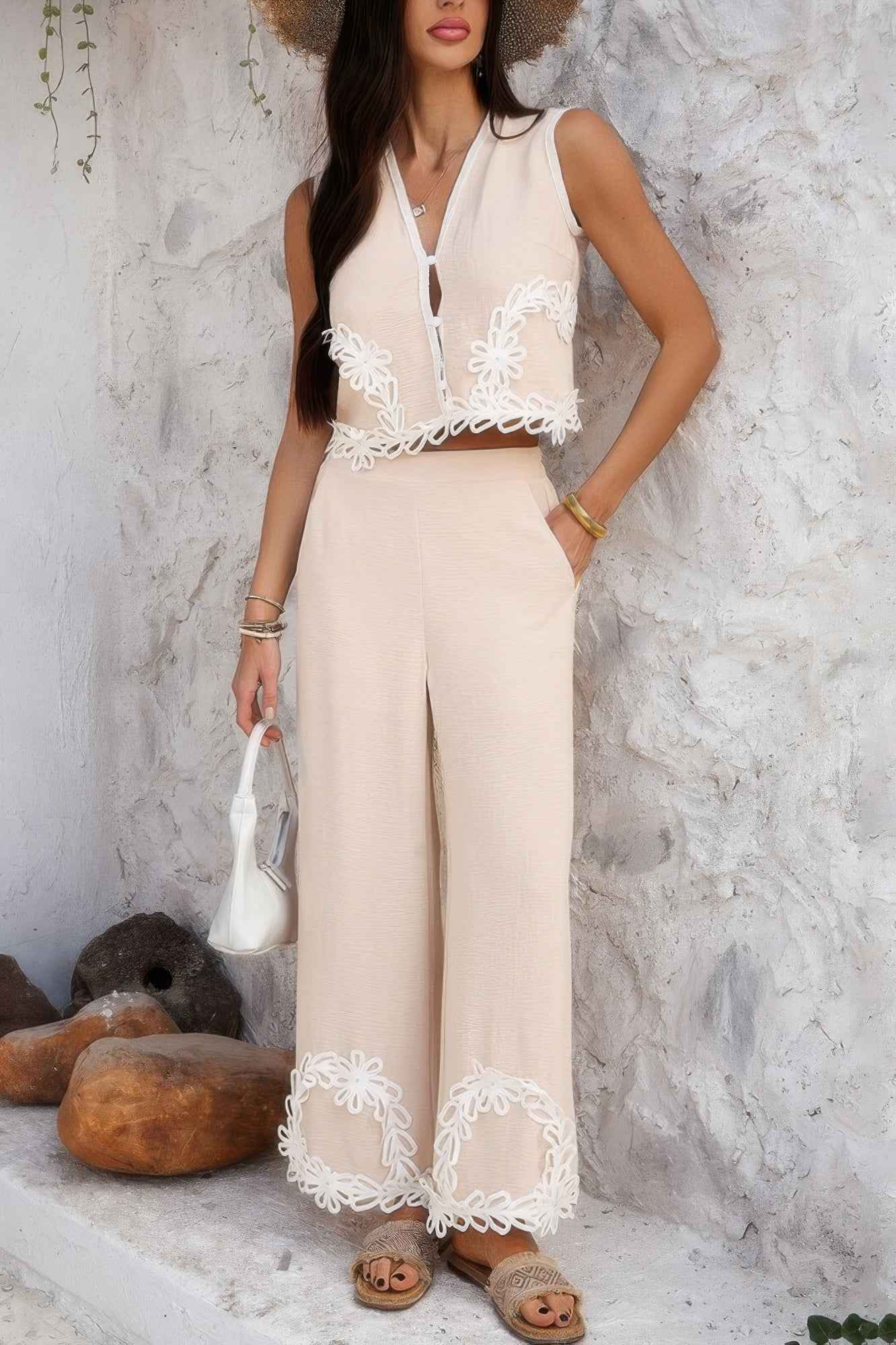 Two Pieces V Neck Button Lace Decorate Long Pants