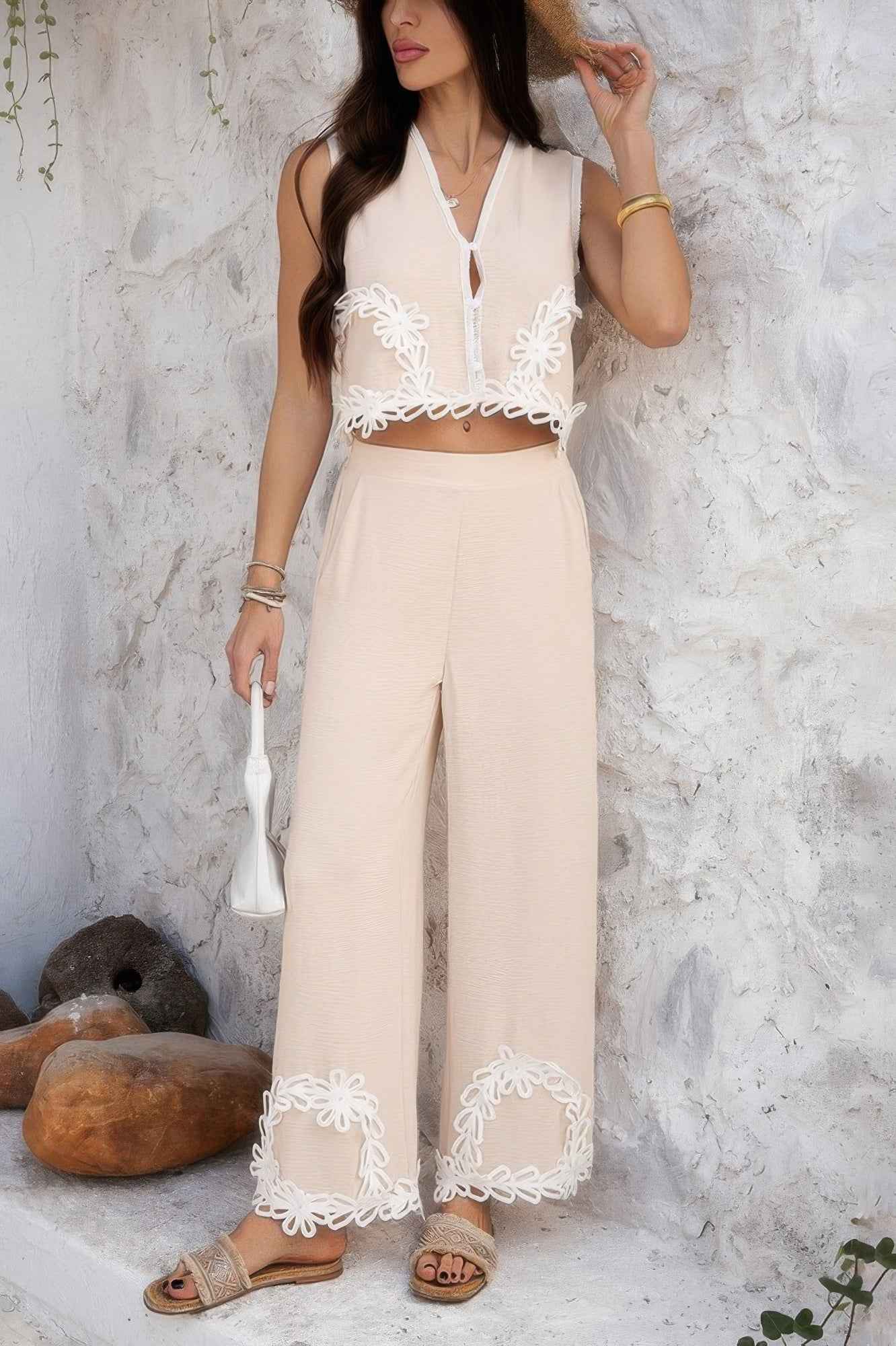 Two Pieces V Neck Button Lace Decorate Long Pants