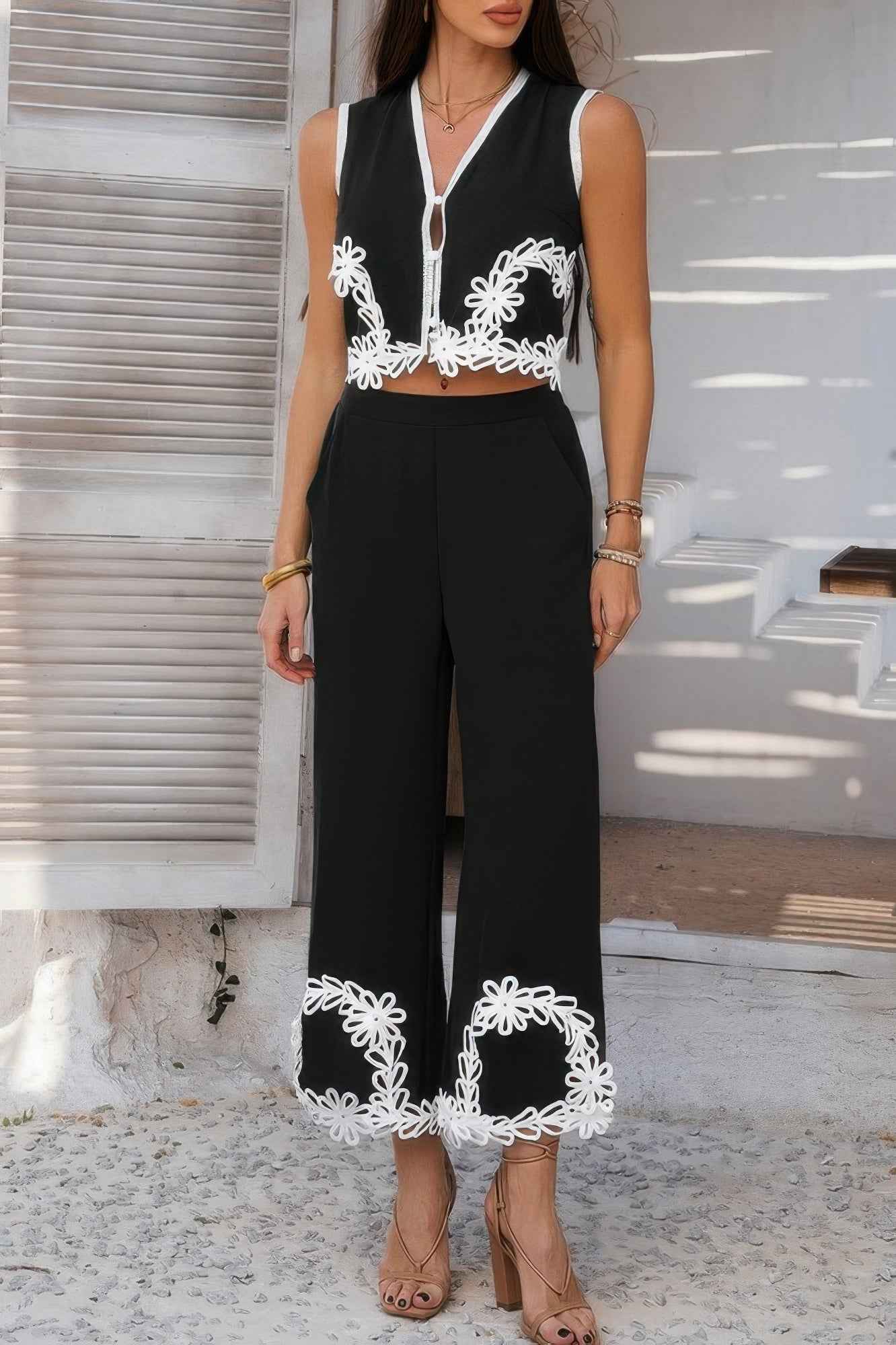 Two Pieces V Neck Button Lace Decorate Long Pants