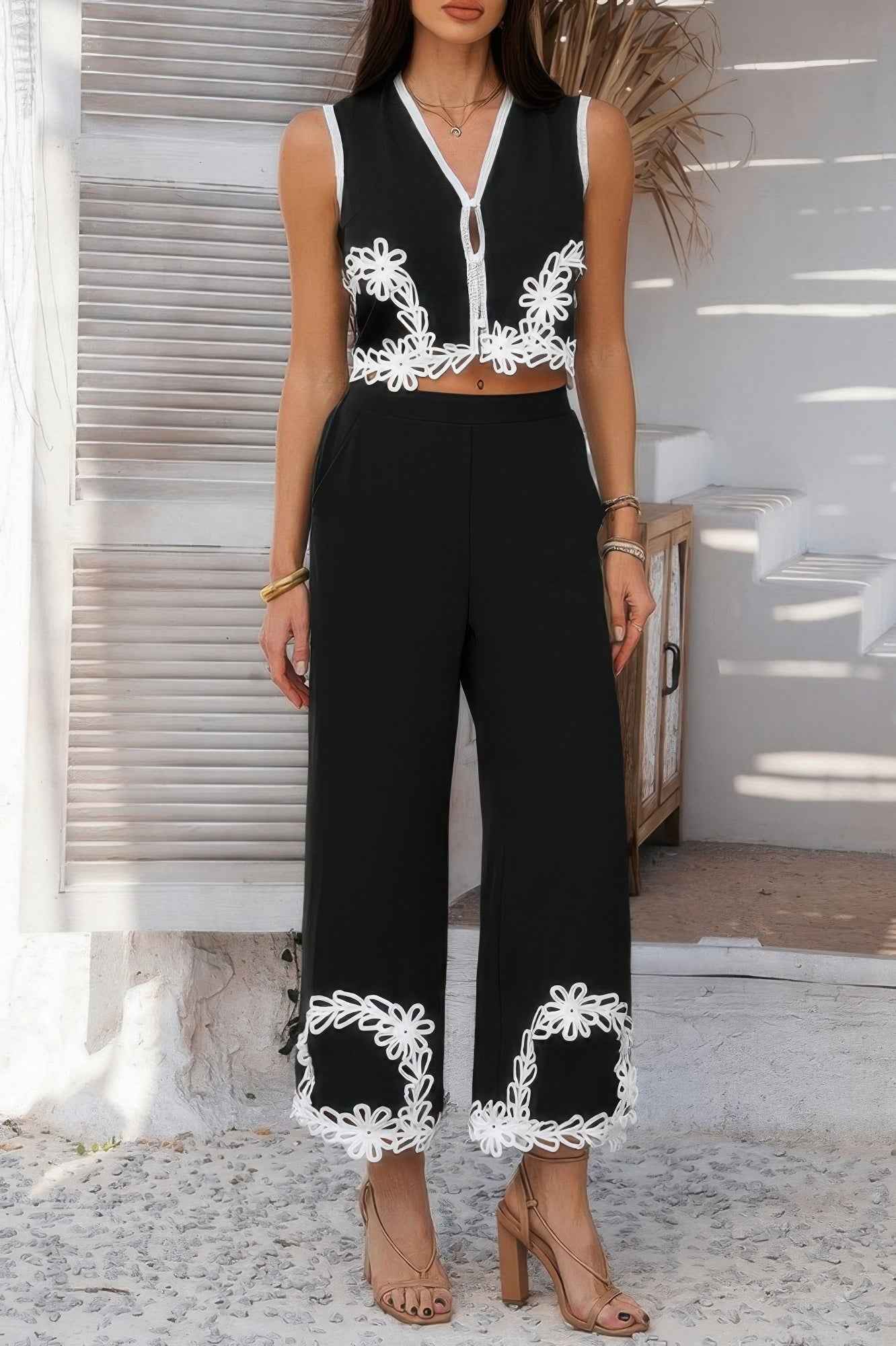 Two Pieces V Neck Button Lace Decorate Long Pants