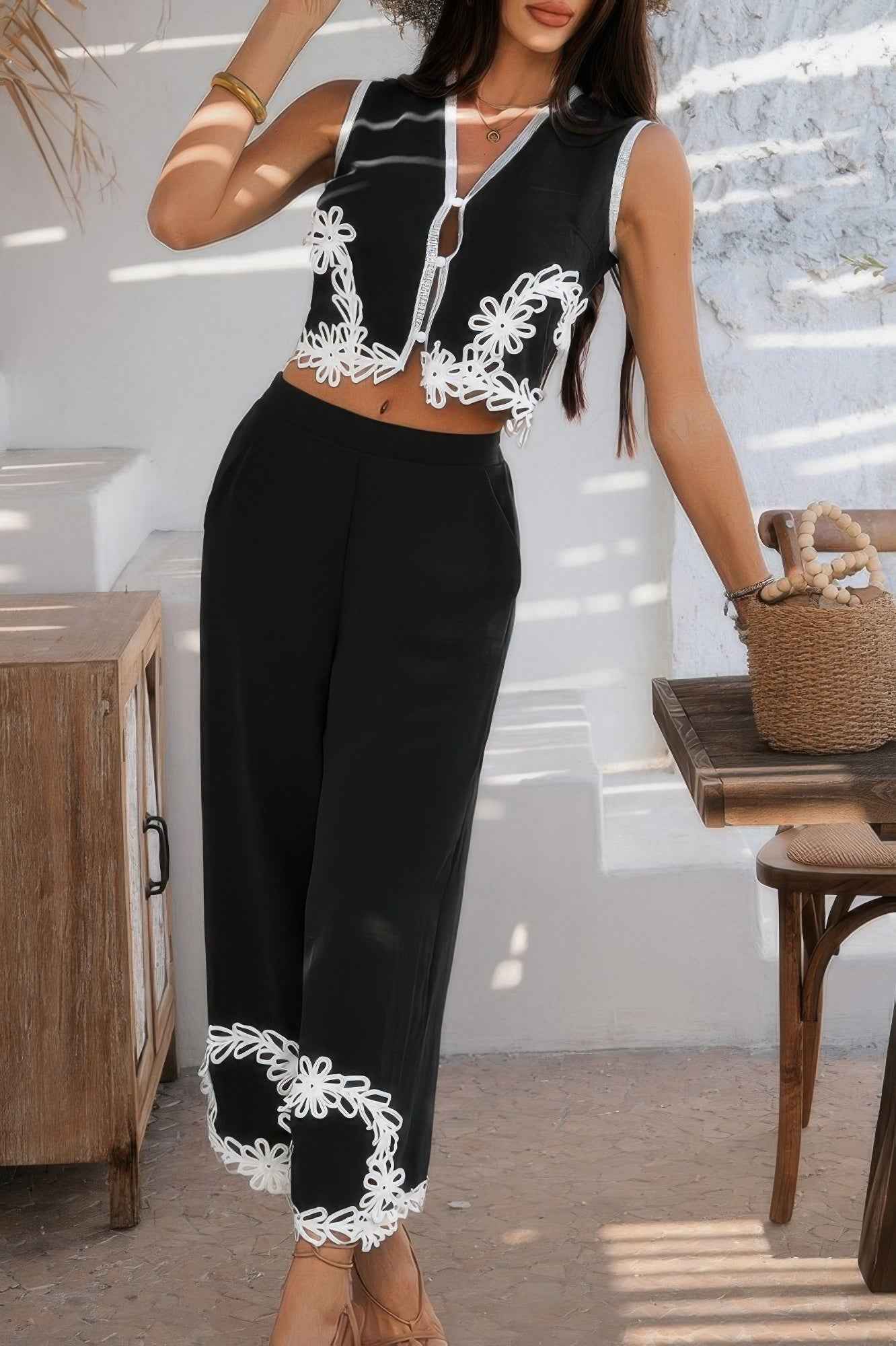 Two Pieces V Neck Button Lace Decorate Long Pants