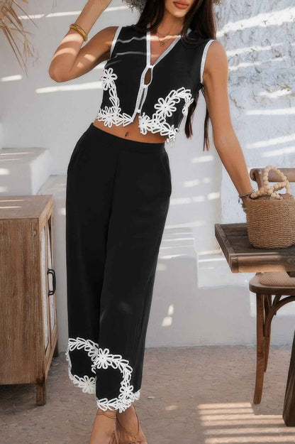 Two Pieces V Neck Button Lace Decorate Long Pants