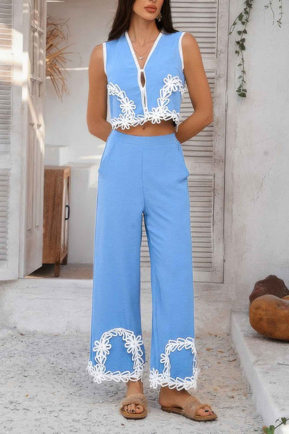 Two Pieces V Neck Button Lace Decorate Long Pants