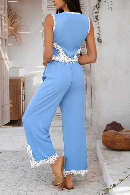 Two Pieces V Neck Button Lace Decorate Long Pants