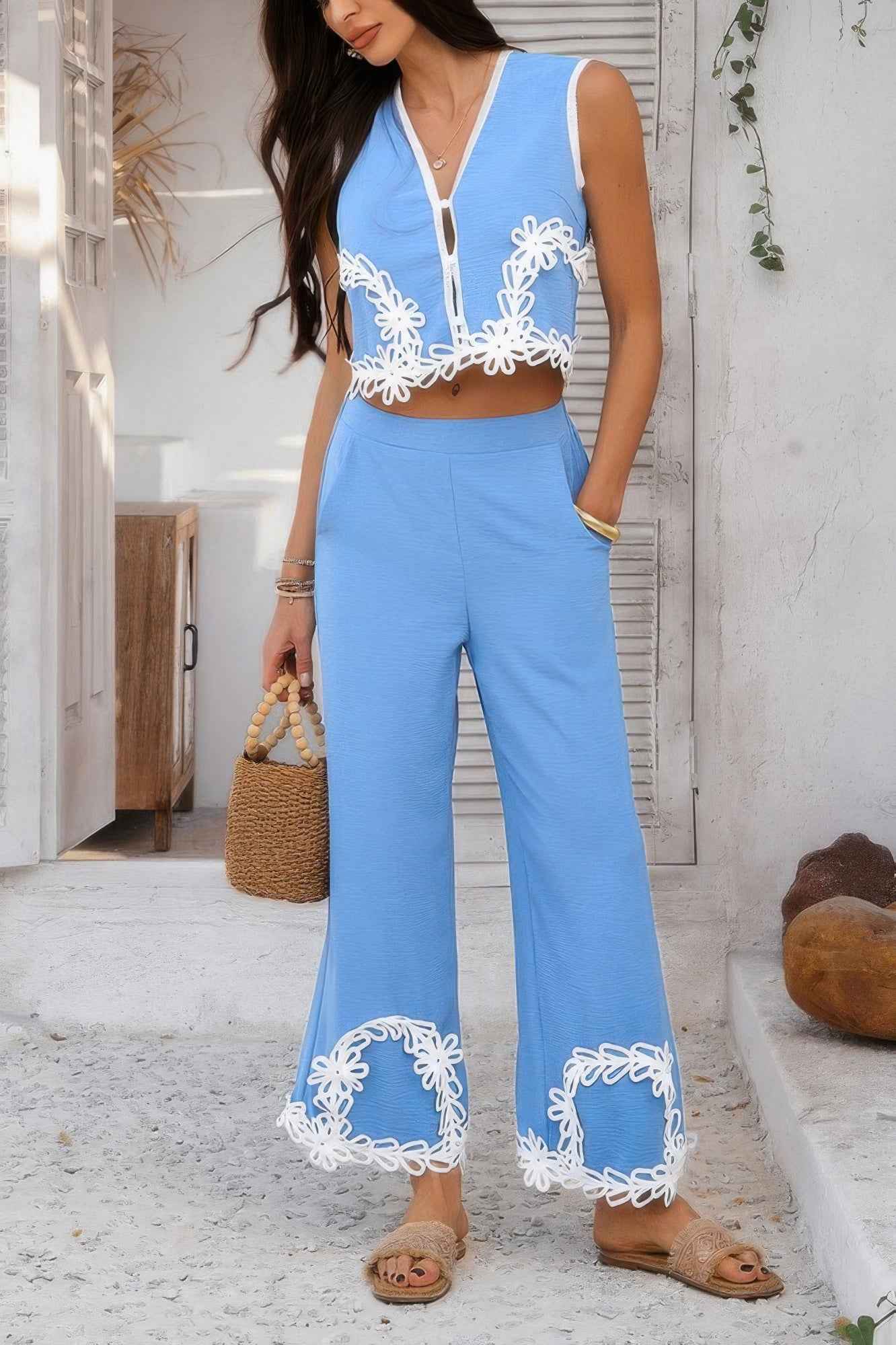 Two Pieces V Neck Button Lace Decorate Long Pants