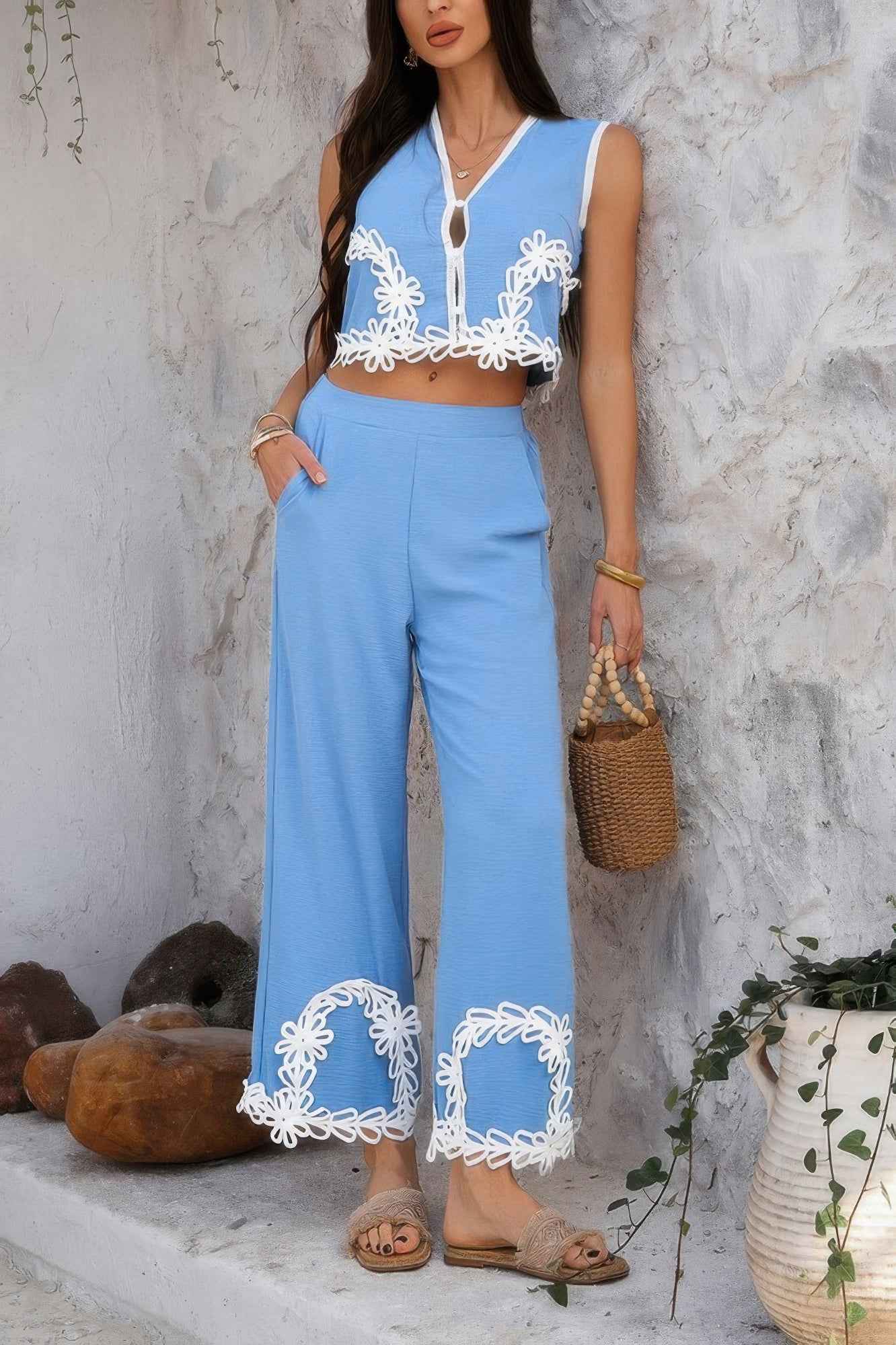 Two Pieces V Neck Button Lace Decorate Long Pants
