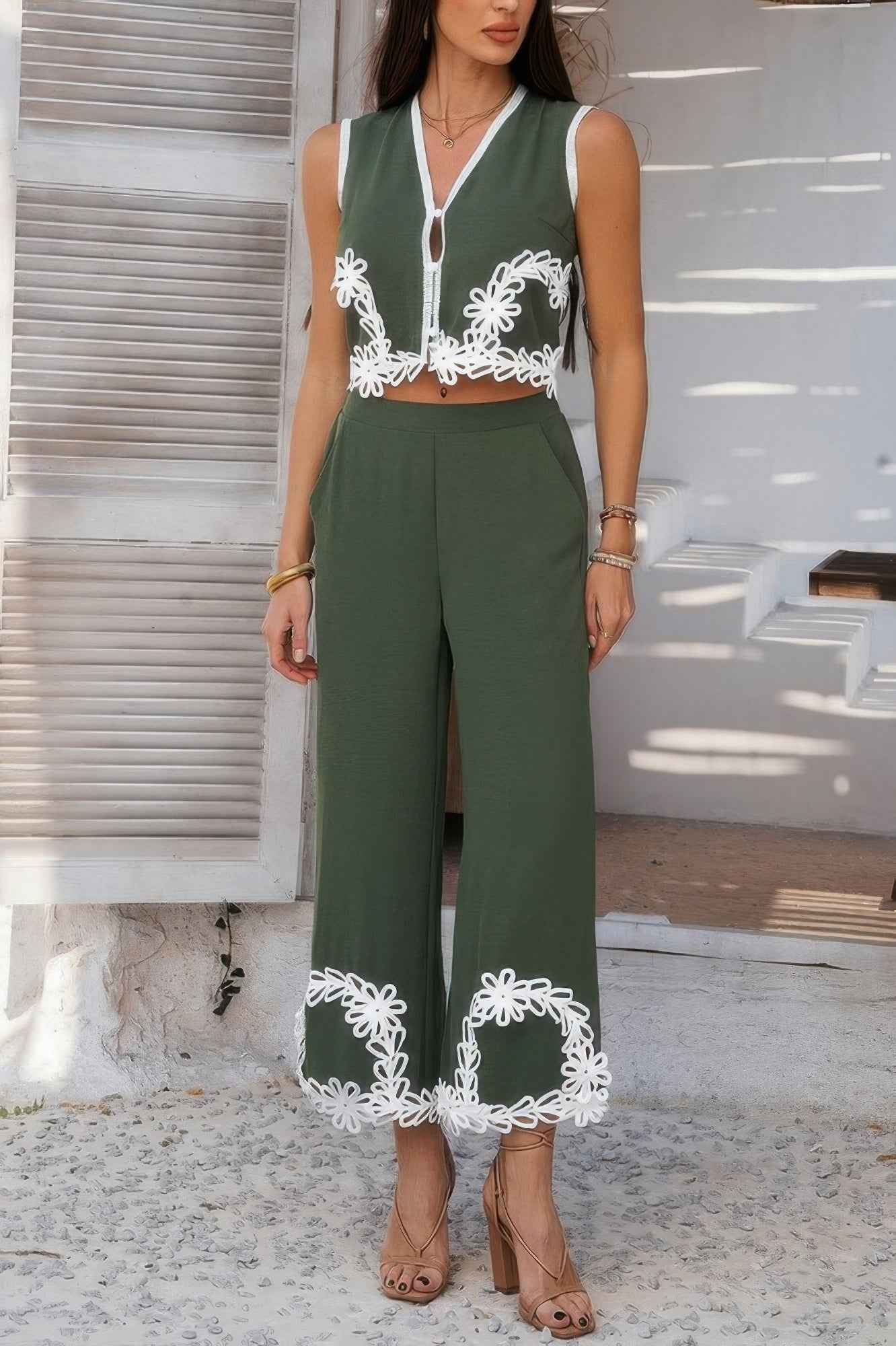Two Pieces V Neck Button Lace Decorate Long Pants