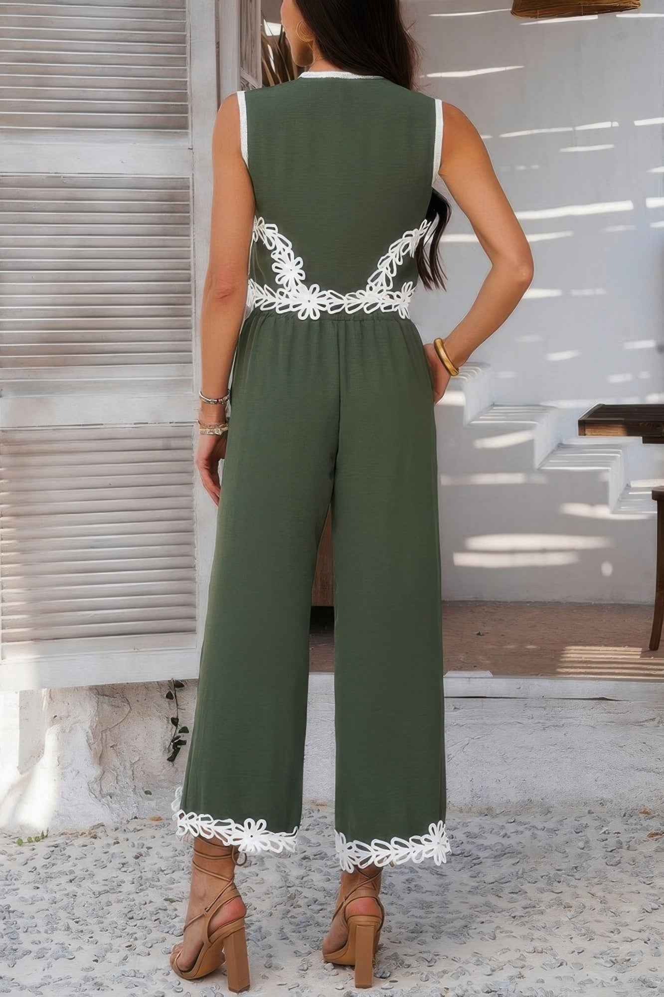 Two Pieces V Neck Button Lace Decorate Long Pants