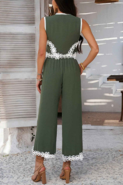 Two Pieces V Neck Button Lace Decorate Long Pants