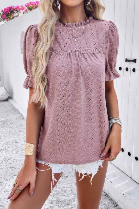 Round Neck Embroidery Ruffle Sleeve Loose Fit Shirt
