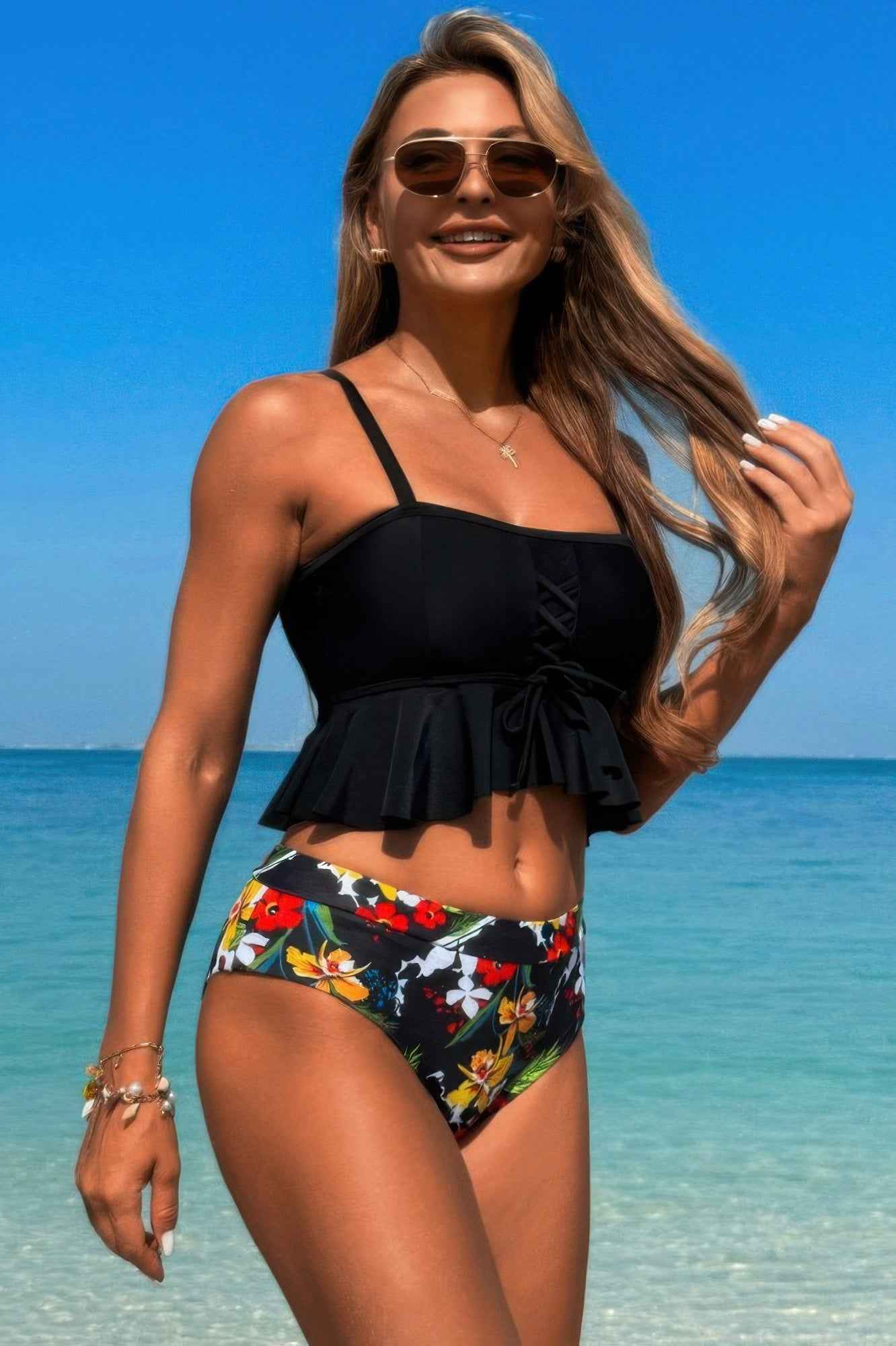 Ruffle Falbala Waist Knot Front Tankini Swimsuit