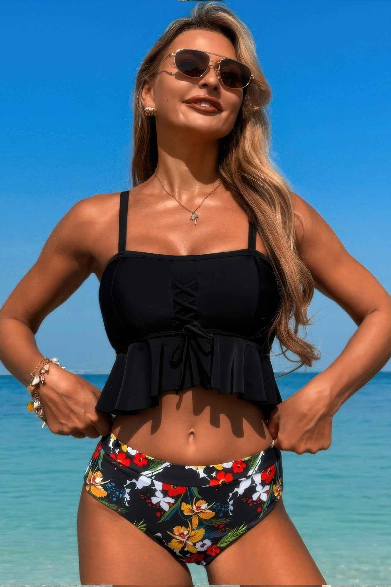 Ruffle Falbala Waist Knot Front Tankini Swimsuit