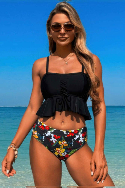 Ruffle Falbala Waist Knot Front Tankini Swimsuit