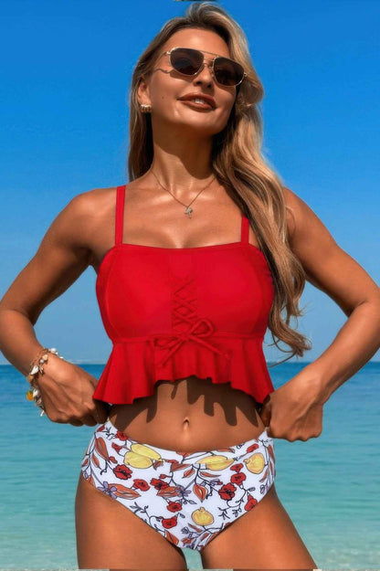 Ruffle Falbala Waist Knot Front Tankini Swimsuit