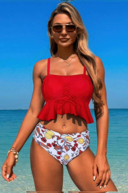 Ruffle Falbala Waist Knot Front Tankini Swimsuit