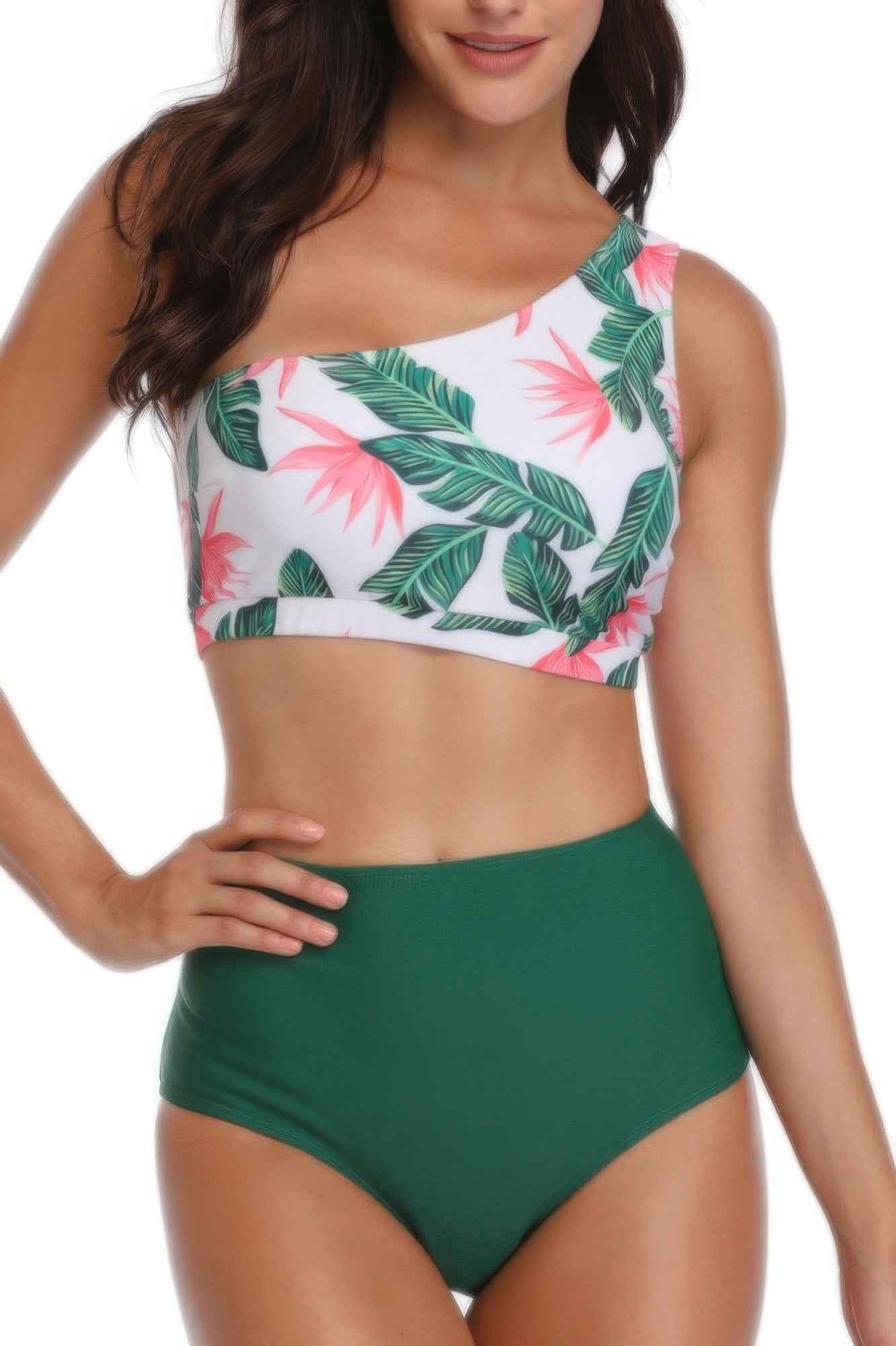 Two Pieces One Shoulder Printed Swimsuit