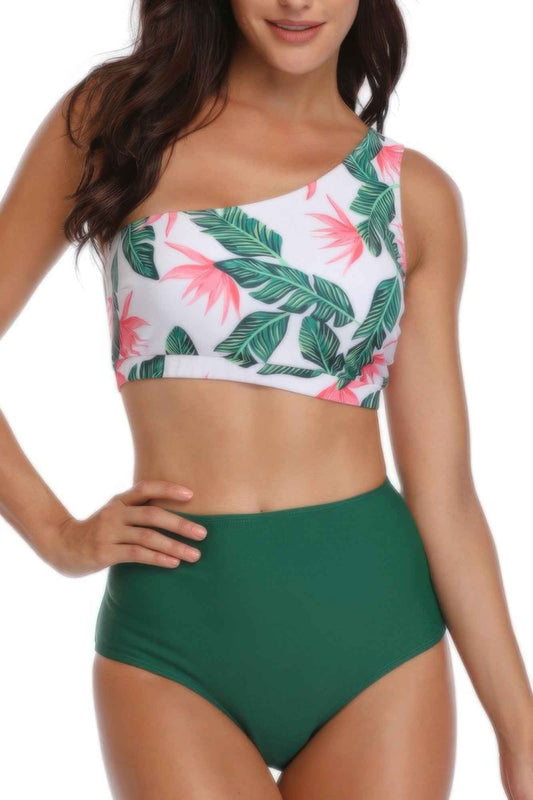 Two Pieces One Shoulder Printed Swimsuit