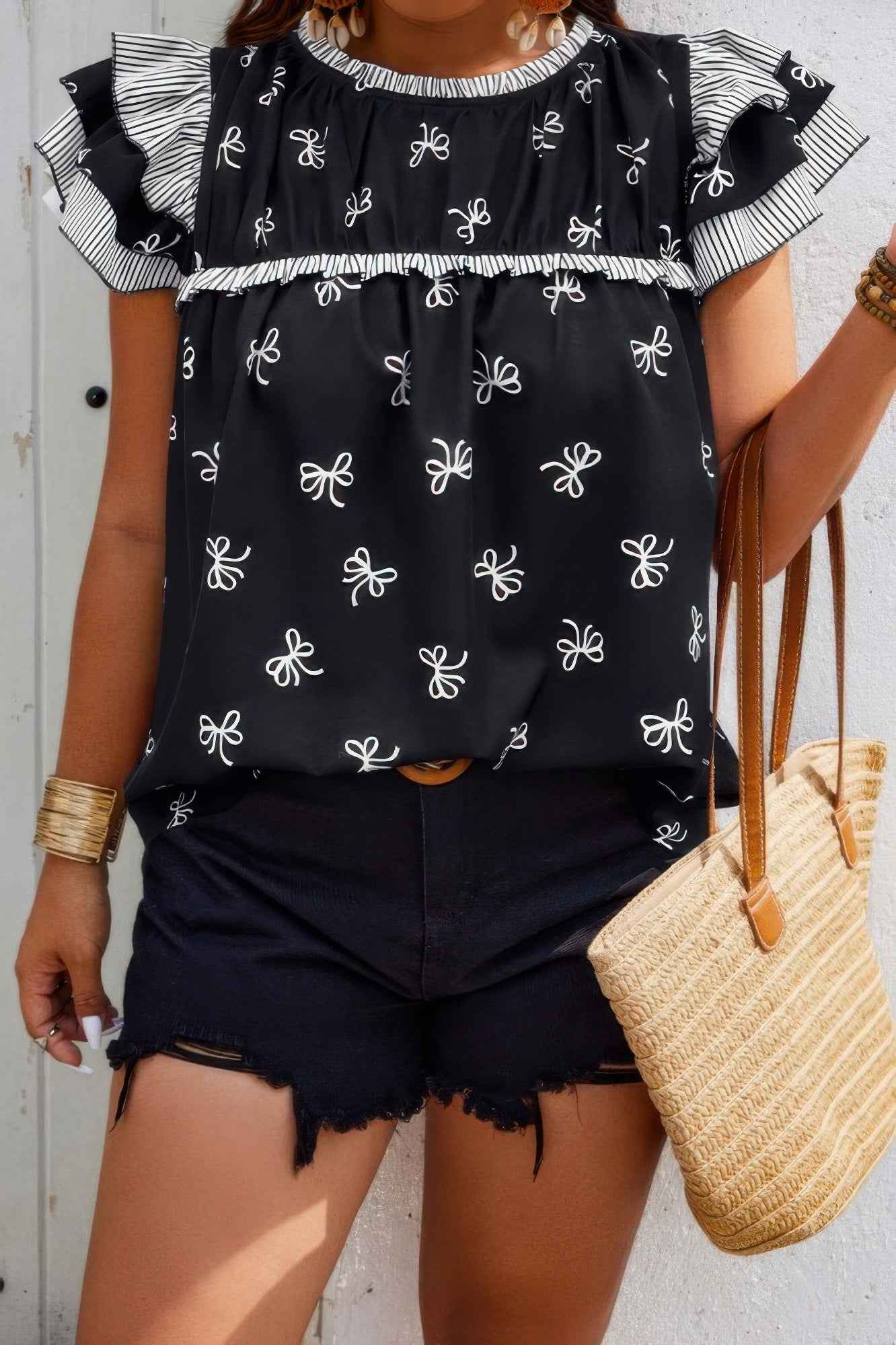 Plus Size Ruffle Hem Random Print Loose Shirt