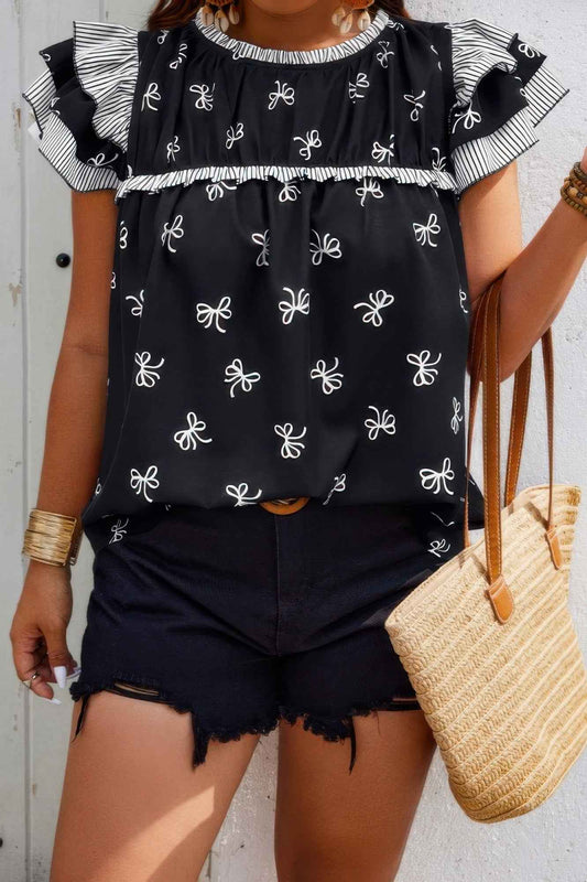 Plus Size Ruffle Hem Random Print Loose Shirt