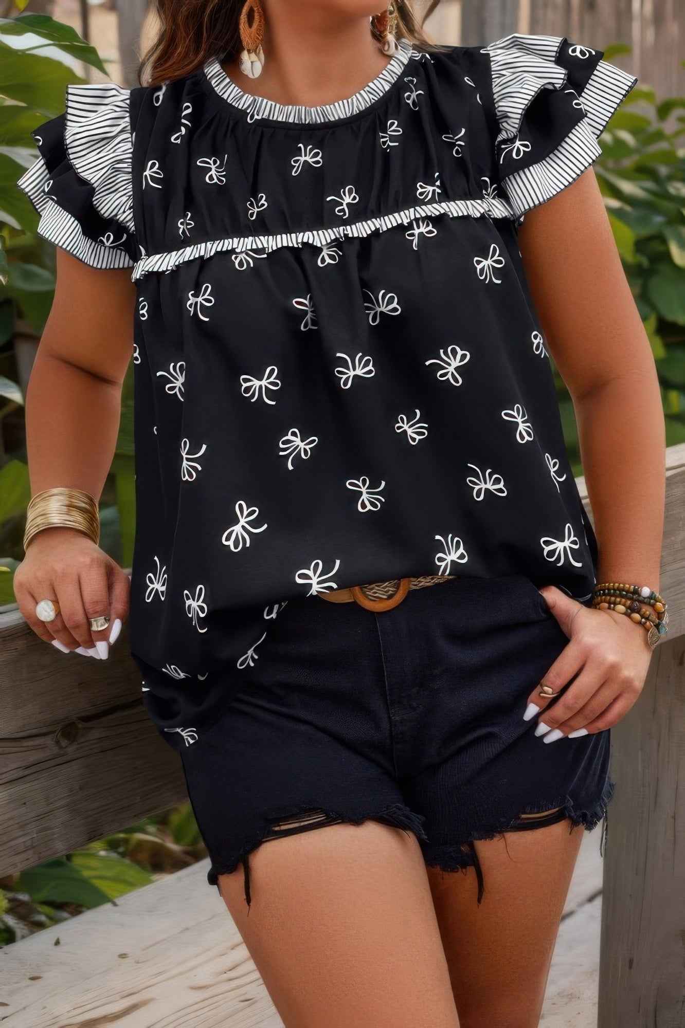 Plus Size Ruffle Hem Random Print Loose Shirt