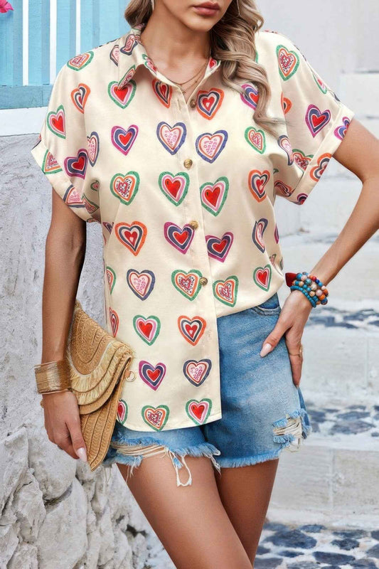 Plus Heart Print Button Down Batwing Sleeve Blouse