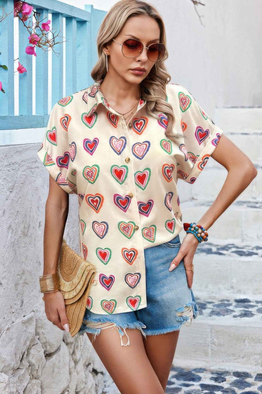 Plus Heart Print Button Down Batwing Sleeve Blouse